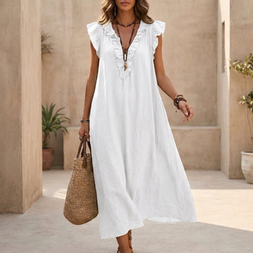 Relaxed Maxi Dress with Ruffled V-Neck and Button Front