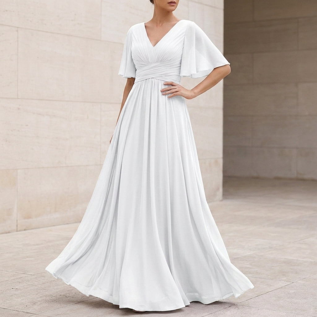 Elegant Flowing Chiffon Maxi Dress with Ruched Bodice and Butterfly Sleeves