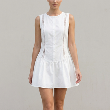 Fitted Sleeveless Mini Dress with Lace Insets and Gathered Skirt Detail