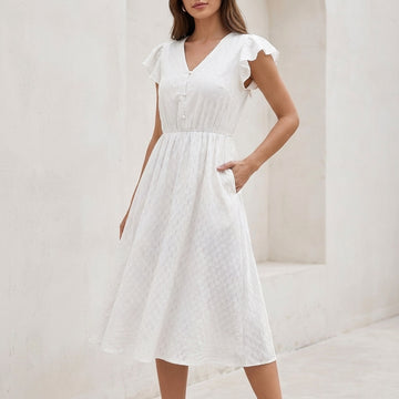 Flowing Midi Dress with Ruffle Sleeves and Gathered Waist