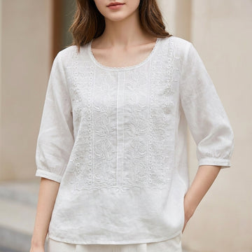 Embroidered Blouse with Gathered Cuffs and High-Low Hem