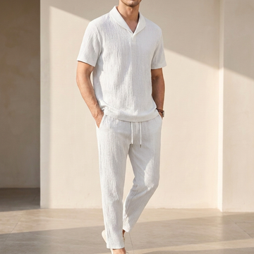 Two-Piece Relaxed Fit Summer Set with Revere Collar and Drawstring Waist