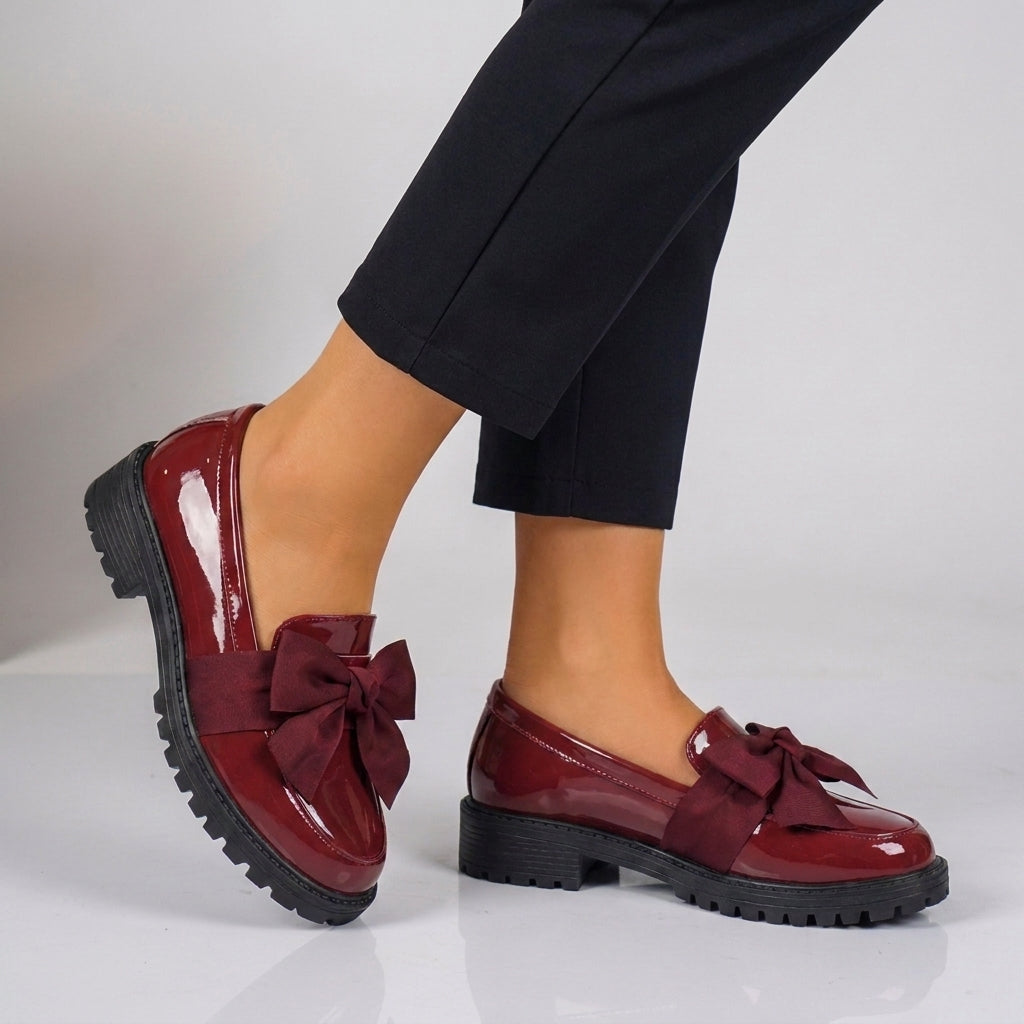 Patent Slip-On Loafers with Bowknot Detail and Lug Sole