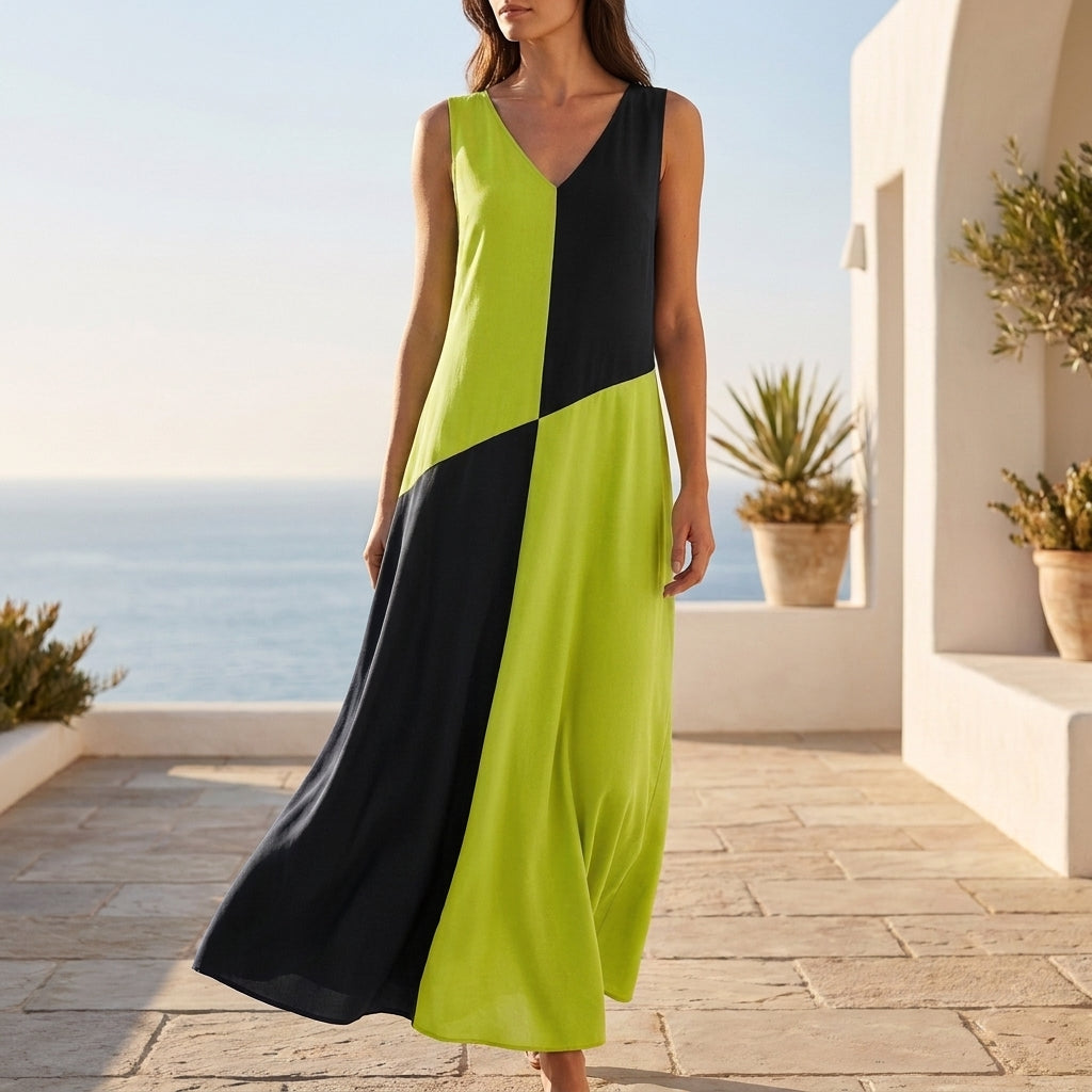 Flowing Sleeveless Maxi Dress with Asymmetrical Color Block Panels