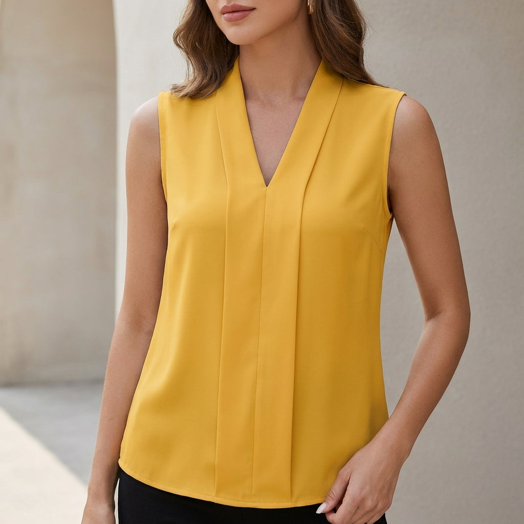 Tailored Sleeveless V-Neck Blouse with Elegant Front Pleats