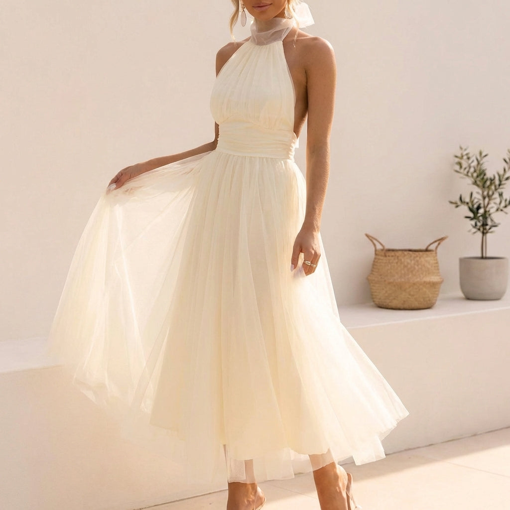 Ethereal Halter Neck Tulle Midi Dress - Effortless Romance for Summer Evenings