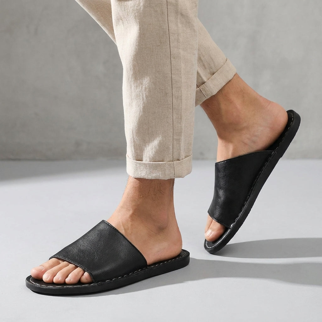 Slide Sandals with Wide Strap and Contrast Stitching