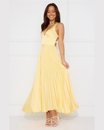 Elegant Maxi Dress with Pleated Skirt and Criss-Cross Back Detail