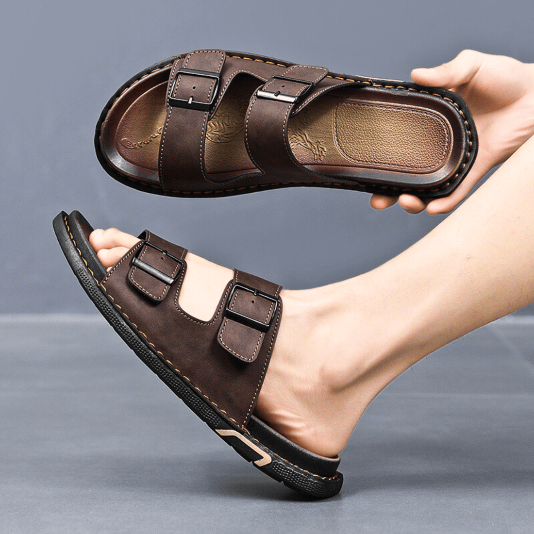 Marcello Two-Strap Sandals with Contoured Footbed and Buckle Accents